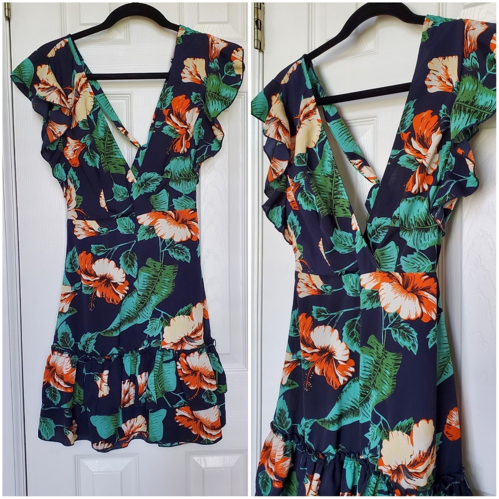 NWOT Shein Tropical Floral Ruffle Mini Backless Dress